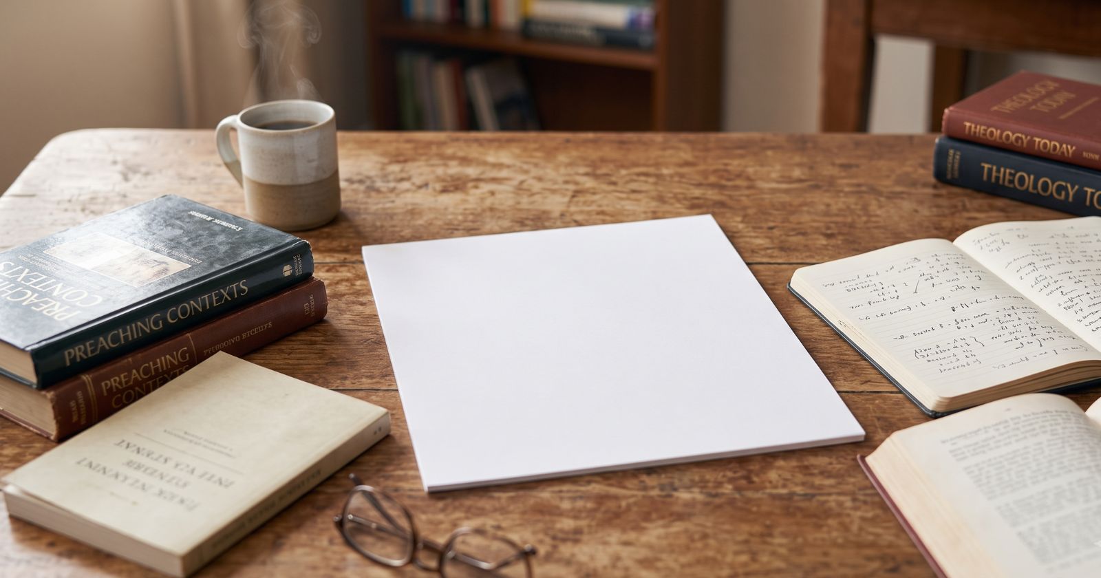 Blank notepad on a wooden desk with theology books, a coffee mug, glasses, and an open journal