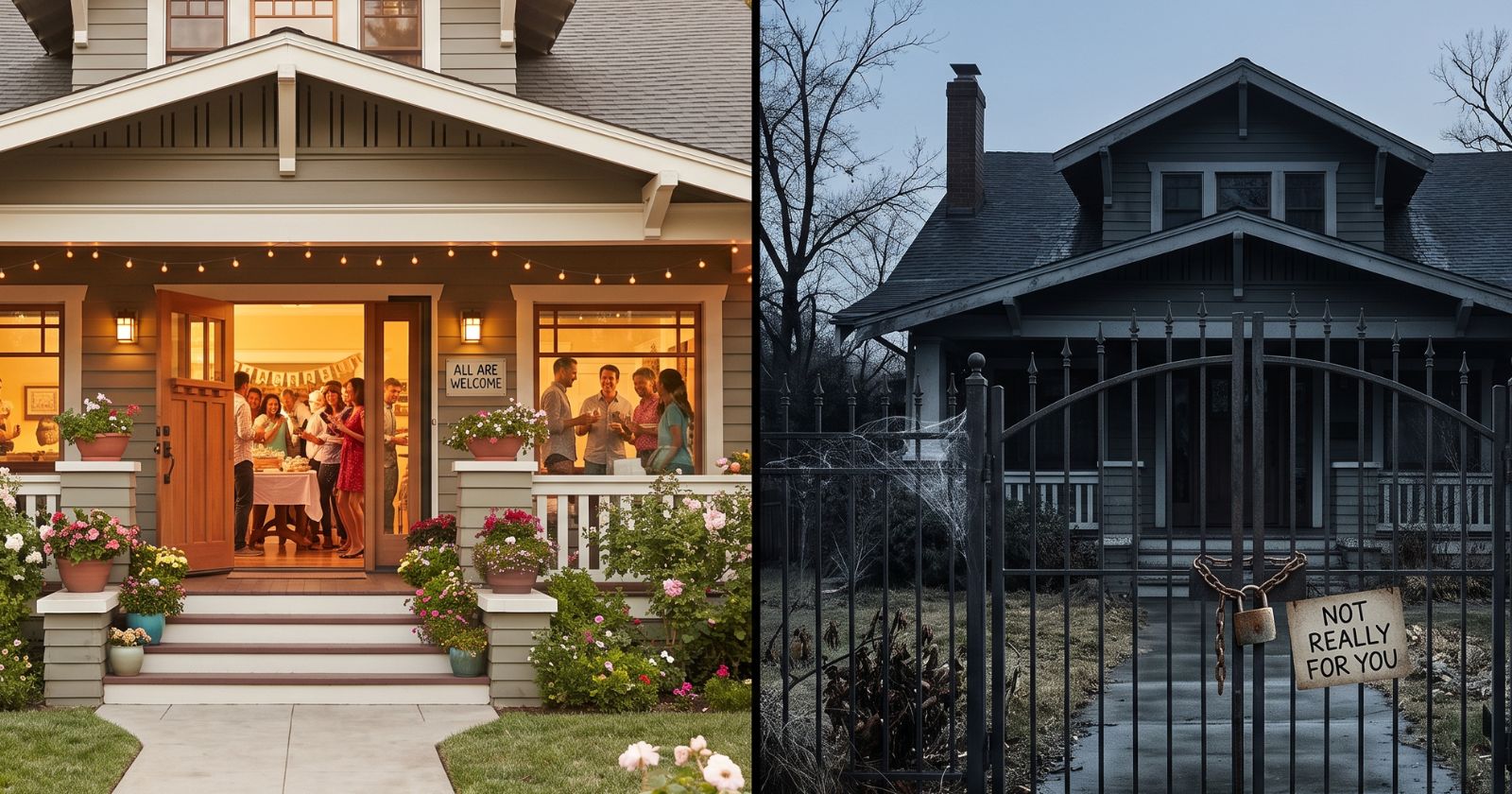 A split image contrasting a warm welcoming home on the left with a locked, gated home on the right